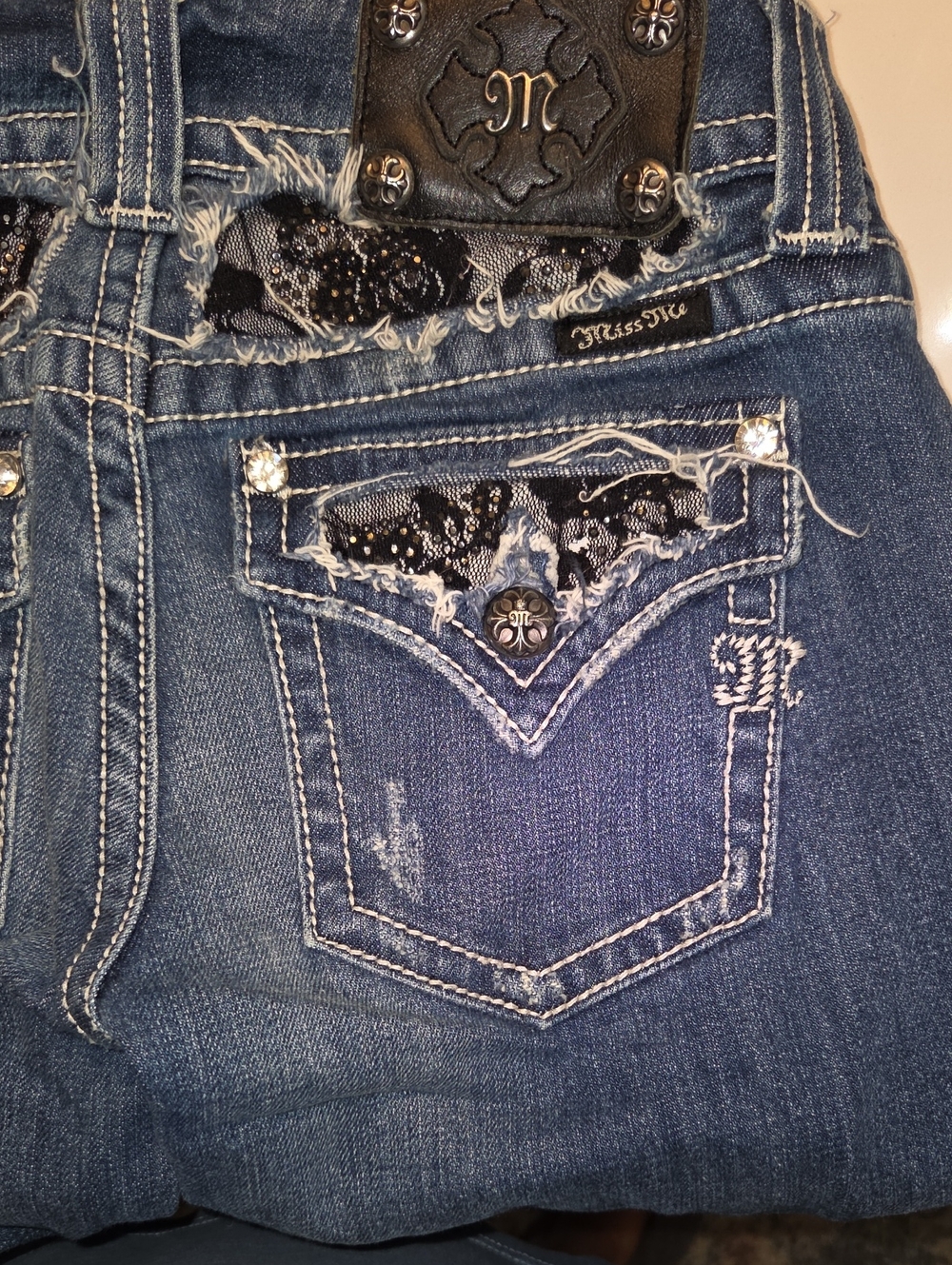 Miss Me Dark Blue Embellished Distressed Pocket Jeans